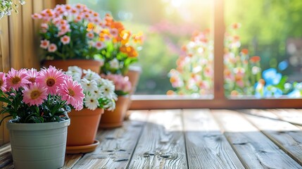 Fototapeta na wymiar Blooming flowers in pots on the wooden floor of the veranda in spring. Gardening and floriculture background