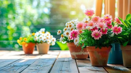 Blooming flowers in pots on the wooden floor of the veranda in spring. Gardening and floriculture background
