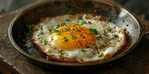 Food photography - Fried egg in pan on dark table