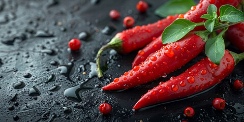 Food photography background - Closeup of ripe red chili peppers branch, on dark black table . 