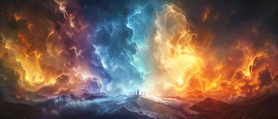 Poster A spectacular display of dual worlds, one fiery and one icy, colliding in a dramatic and epic landscape scene © Reiskuchen