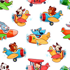 Fototapeta premium Cartoon cute baby animal characters on planes seamless pattern. Kids textile or fabric seamless background, wallpaper vector print with funny zebra, elephant, bear and monkey, rabbit personages