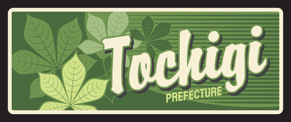 Tochigi tin sign, Japan prefecture vector plate. Japanese region metal signs with official symbol, horse chestnut tree leaves on green background. Tochigi prefecture plaque - 761481192
