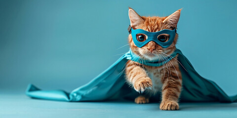 superhero cat, Cute orange tabby kitty with a blue cloak and mask jumping and flying on light blue background 