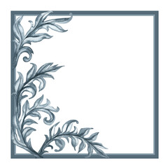 Watercolor monochrome gray frame of abstract plant patterns and branches with leaves for borders, frames, background, textiles, fabrics, cards, stickers, scrapbooking, invitations, greetings
