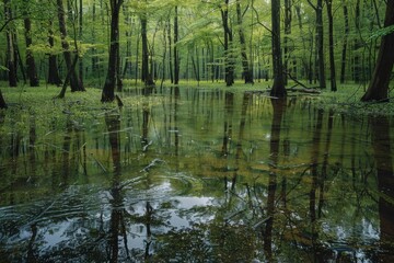 Obraz premium Tranquil floodwater forest scene with reflections of trees in the water
