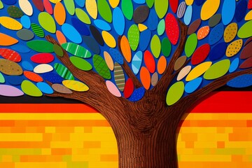 Detailed image of a tree with leaves of various colors and shapes, symbolizing the strength and beauty of diversity in nature and humanity - obrazy, fototapety, plakaty