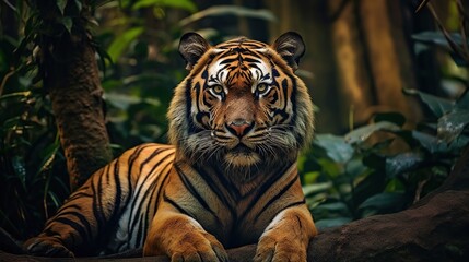 A tiger with a bow on its neck sits in a jungle Generative AI - obrazy, fototapety, plakaty