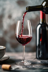 Pouring Red Wine into Glass. A dynamic shot capturing a rich red wine being poured into an elegant glass, with a blurred wine bottle in the background.