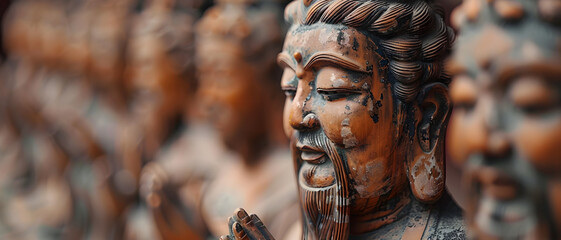 A detailed close-up of terracotta warrior statues with intricate carvings, showcasing cultural heritage
