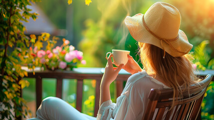 Young woman resting in wooden veranda in summer outdoor. Girl drinking tea in arbor - obrazy, fototapety, plakaty