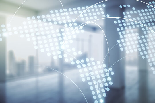 Abstract virtual world map with connections on empty corporate office background, international trading concept. Multiexposure
