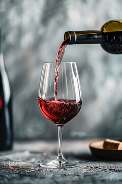 Vibrant Red Wine Pouring into Glass. The image captures a moment of red wine being poured elegantly into a wine glass, with a soft-focused background creating a sense of luxury.