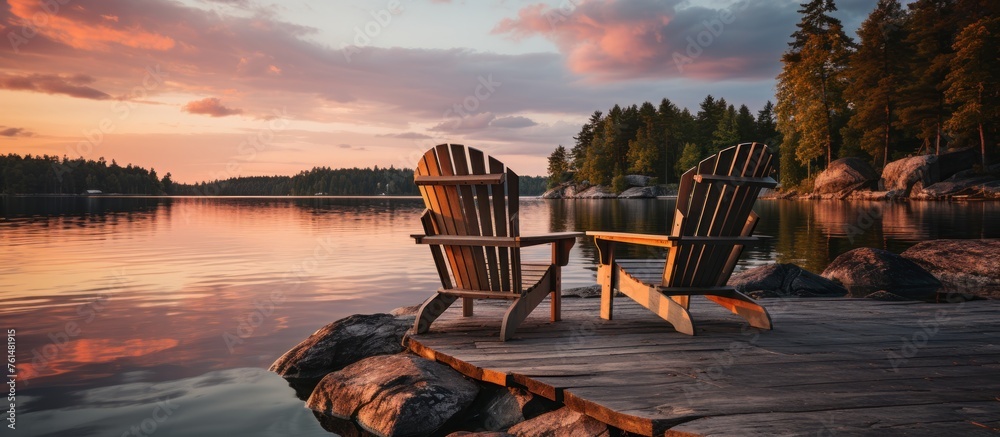 Wall mural two wooden chairs on a wooden pier overlooking a lake at sunset in finland - Wall murals