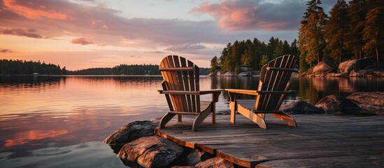 Two wooden chairs on a wooden pier overlooking a lake at sunset in Finland - obrazy, fototapety, plakaty