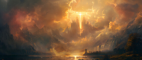 A breathtaking fantasy city with cascading waterfalls basking in the warm glow of a sunset