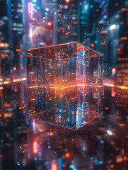 A glass cube with a reflection of a blurred city lights in it on a reflective surface with a blurry background.