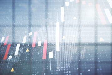 Multi exposure of virtual abstract financial graph hologram and world map on modern interior background, financial and trading concept