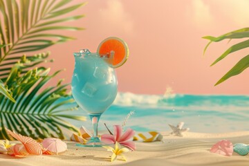 Sumptuous blue cocktail with a slice of orange, set against an idyllic beach and ocean scene
