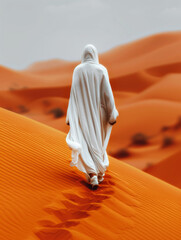 Desert dune walker. A lonely figure walking along the sand dune into the horizon, wearing a long white hooded robe in the style of a nomad, wide desert, sand and sky - 761482505
