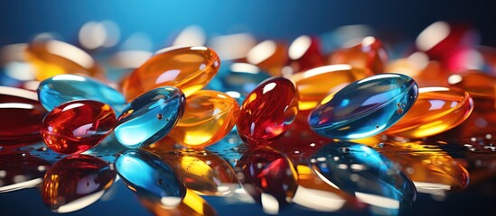 Colorful array of capsules hovers in mid-air against a deep blue backdrop - obrazy, fototapety, plakaty