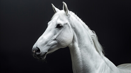 Portrait of a white horse on black background.