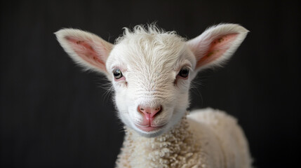 Portrait of a white sweet lamb on black background.
