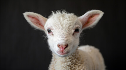 Portrait of a white sweet lamb on black background.