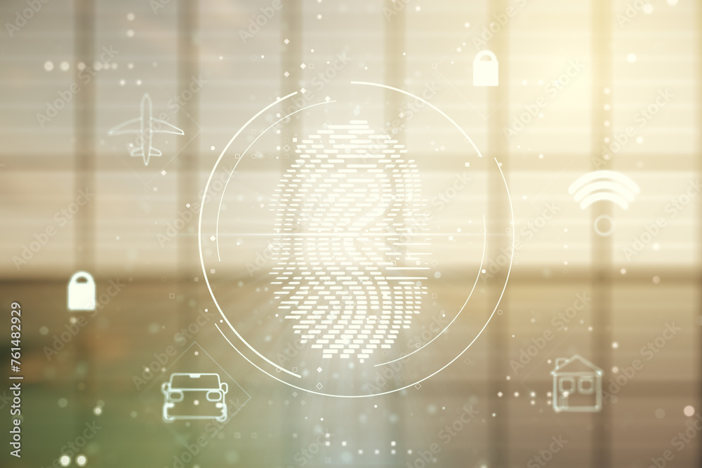 Fototapete multi exposure of virtual fingerprint scan interface on empty modern office background, digital acce