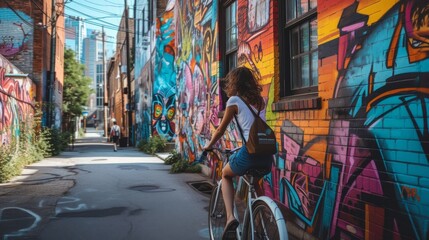 Obraz na płótnie Canvas Urban Exploration: A young woman in her late 20s, exploring a vibrant city neighborhood on a bicycle, with colorful murals and street art adorning the walls of buildings along the street