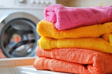 A stack of towels with a washing machine in the background - obrazy, fototapety, plakaty
