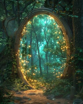 Colorful fantasy mirror, magical glow, sparkling glass, enchanted forest background