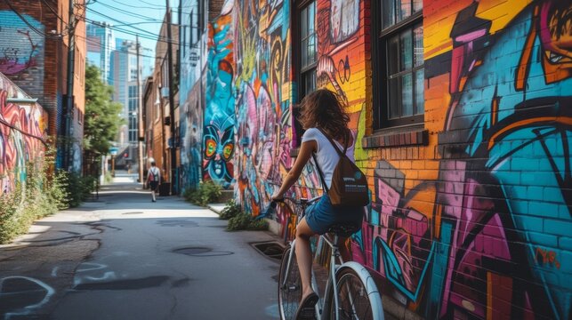 Urban Exploration: A young woman in her late 20s,  exploring a vibrant city neighborhood on a bicycle,  with colorful murals and street art adorning the walls of buildings along the street