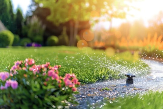 Automatic garden sprinkler system watering the lawn. Watering grass on summer day concept