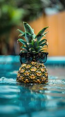 A pineapple with glasses is floating in a pool of water