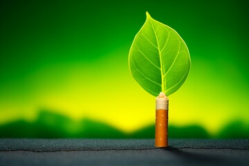 Macro shot of a vibrant green leaf against a backdrop of cigarette butts, symbolizing hope and renewal in quitting tobacco