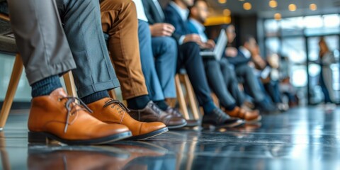 Group of People Sitting in a Row Wearing Brown Shoes
