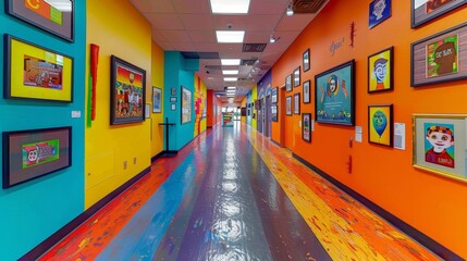 A lively and colorful hallway within a children's museum, lined with framed artwork, presenting a stimulating environment for creativity and education. - obrazy, fototapety, plakaty