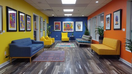 A lively and colorful hallway within a children's museum, lined with framed artwork, presenting a stimulating environment for creativity and education.