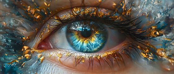 Detailed image showcasing the beauty of a human eye with golden specks, blue iris, and fine textures - obrazy, fototapety, plakaty