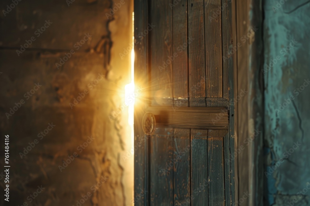 Poster sunlight streaming through a rustic wooden door, suitable for various concepts and designs