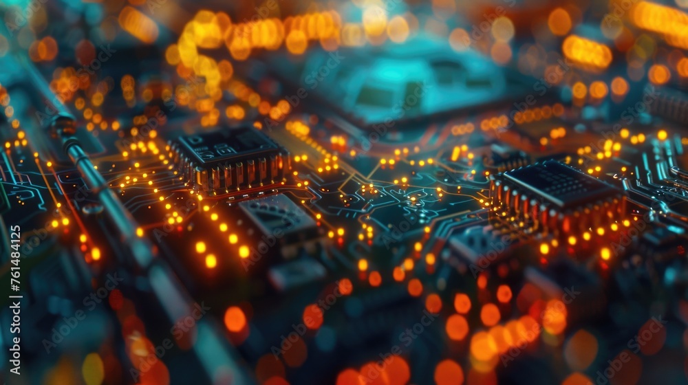 Poster Close up of a circuit board with many lights. Suitable for technology and electronics concepts