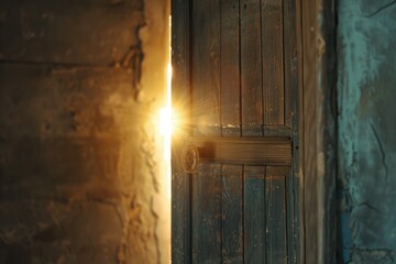 Fototapeta na wymiar Sunlight streaming through a rustic wooden door, suitable for various concepts and designs