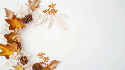 Beige background with frame of brown leaves and flowers
