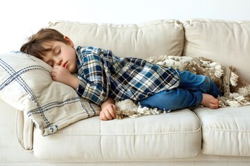 A peaceful image of a young boy sleeping on a couch. Suitable for family and relaxation concepts