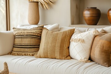 Close-up photo of a living room decorated in boho style, beige fabric sofa and terra cotta pots.
