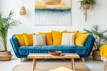 Boho style home living room design, sofa with blue cushions and wooden table, rustic style decoration.