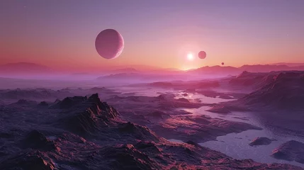  A surreal visual of a distant planetscape bathed in the light of two moons, offering a stunning depiction of a foreign world's horizon, filled with mystery and otherworldly beauty. © Riz