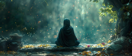 Serene and mystical, presenting a veiled figure in deep meditation amidst a magical forest setting