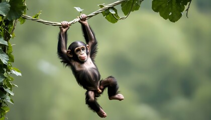 A Playful Baby Chimpanzee Swinging From Vine To VI